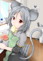 accessory animal_humanoid apron beverage bottomwear bread calendar cheese cheese_singles clothing crystal dairy_products duo ebi_senbei female feral food gem grey_hair hair hair_accessory hairpin high-angle_view humanoid jelly_(food) jewelry looking_at_viewer mammal mammal_humanoid milk mouse mouse_humanoid mouth_hold murid murid_humanoid murine murine_humanoid nazrin pendant red_eyes rodent rodent_humanoid short_hair silver_hair skirt smile tail touhou