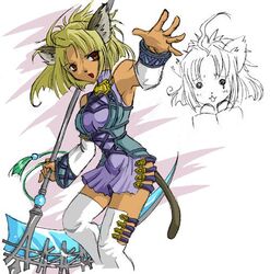 .hack animal_humanoid animal_tail armor blonde_hair blue_clothing boots bottomwear cat_humanoid clothed clothing convincing_weapon cyberconnect2 digital_media_(artwork) felid felid_humanoid feline feline_humanoid female footwear hair humanoid mammal mammal_humanoid melee_weapon open_mouth polearm red_eyes scythe short_hair skimpy skirt solo tail unconvincing_armor unknown_artist weapon white_clothing