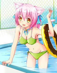 accessory animal_humanoid bell bell_accessory bell_bow bent_arm bikini bikini_bottom bikini_top blush bow_(feature) bow_accessory bow_ribbon cat_humanoid clothed clothing colored_edge_bikini decorated_bow donut_pool_toy donut_print extended_arm fangs felid felid_humanoid feline feline_humanoid female food_pool_toy food_print hair hair_accessory hair_ribbon hairbow holding_object holding_pool_toy holding_swim_ring humanoid inflatable jingle_bell leaning leaning_forward legs_in_water legs_together looking_at_viewer mammal mammal_humanoid navel neck_bell neck_bow ok-ray open_mouth orange_eyes partially_submerged pink_hair pool_toy poolside print_pool_toy ribbons shia_flatpaddy short_hair side-tie_bikini side-tie_clothing side-tie_swimwear skimpy smile solo standing standing_in_water straight_legs string_bikini string_bow submerged_legs swim_ring swimming_pool swimwear teeth tied_bikini tied_clothing tight_clothing twin_bows twin_hair_bows water