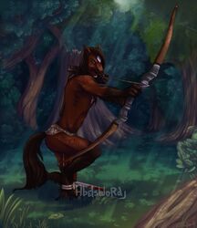 aiming angry anthro arrow_(weapon) bay_(marking) blood bodily_fluids bottomwear bow_(weapon) clothed clothing detailed_background equid equine forest green_eyes hi_res holding_object holding_weapon horse loincloth male mammal markings nature outside plant quiver_(object) ranged_weapon ryan_moonshadow scenery solo tail topless tree vashaa weapon wood