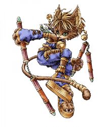 anthro bell biped clothing daena felid female footwear green_eyes jumping legend_of_mana mammal mana_(series) melee_weapon nunchaku sandals shinichi_kameoka solo square_enix tail weapon