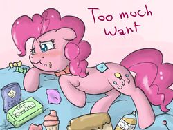 2012 4:3 alcohol beverage blue_eyes bottle bow_(feature) bow_tie candy chips_(food) chocolate container cupcake cutie_mark dessert earth_pony eating english_text equid equine female feral food friendship_is_magic fur hair hasbro horse mammal my_little_pony pink_body pink_fur pink_hair pinkie_pie_(mlp) pony quadruped simple_background solo source_request speccysy tail text