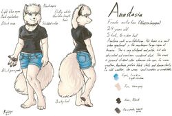 2011 4_toes anastasia_(kalahari) anthro arctic_fox barefoot biped black_pawpads blue_eyes bottomwear breasts canid canine claws clothed clothing english_text feet female fluffy fluffy_tail fox fur hair kalahari mammal marker_(artwork) mixed_media model_sheet pawpads paws pen_(artwork) shorts side_view simple_background soles solo tail text toes traditional_media_(artwork) true_fox white_background white_body white_fur white_hair winter_pelt