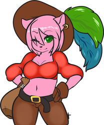 anthro breasts chimangetsu clothed clothing cyn. digital_media_(artwork) female green_eyes hair hi_res mammal mattie_(chimangetsu) midriff naked_mole-rat one_eye_closed pink_body pink_hair pirate rodent shaded solo wink