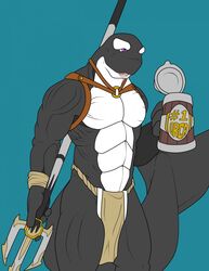 anthro biceps bottomwear cetacean clothing container cup dolphin exalted grentain hi_res holding_object holding_weapon loincloth male mammal marine melee_weapon muscular muscular_anthro muscular_male oceanic_dolphin orca pecs polearm solo stein tail toothed_whale trident weapon