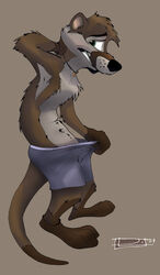 anthro armband biped black_nose brown_body brown_fur clothed clothing deep_navel embarrassed foxer421 fur green_eyes grey_background hands_behind_head jewelry legband male mammal mustelid navel necklace otter shy simple_background solo standing teeth topless underwear