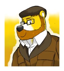 anthro bear beard black_nose black_outline brown_clothing brown_hat brown_headwear brown_outerwear brown_theme clothed clothing digital_media_(artwork) eyewear facial_hair fully_clothed genchi glasses half-length_portrait hat headgear headwear male mammal outer_highlight outline portrait simple_background smile solo topwear white_clothing white_outline white_topwear yellow_background yellow_body yellow_theme