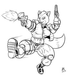 2013 abs action_pose anthro belt boots breasts canid canine clothing female footwear fox fox_mccloud gun handgun holding_gun holding_object holding_ranged_weapon holding_weapon inks jacket kick knee_pads mammal monochrome mtf_crossgender muscular muscular_anthro muscular_female nintendo open_mouth pistol pose ranged_weapon rule_63 shirt solo star_fox swemu topwear weapon