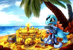 ambiguous_gender blue_body blue_skin bucket cake candle canid canine cloud container dessert digital_media_(artwork) duo fan_character feral food generation_2_pokemon generation_4_pokemon haychel leon_(haychel) mammal nintendo outside plant pokemon pokemon_(species) riolu sand sea shovel sky tools totodile tree vagus_(haychel) water