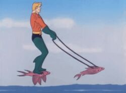 ambiguous_gender animated aquaman aquaman_(copyright) dc_comics detailed_background fish flapping flying flying_fish group human low_res male mammal marine outside sea seascape short_playtime silly sky superhero unknown_artist water wings