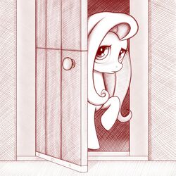 1:1 blush door equid equine female feral fluttershy_(mlp) friendship_is_magic hair hasbro horse looking_at_viewer mammal monochrome my_little_pony one_leg_up pony rainbow_(artist) raised_leg shy solo traditional_media_(artwork)