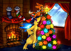 ambiguous_gender canid canine christmas christmas_star christmas_tree christmas_tree_topper clothing digital_media_(artwork) duo eevee fire footwear generation_1_pokemon generation_2_pokemon haychel holidays inside leacrea legwear mammal nintendo plant pokemon pokemon_(species) snow socks super_star tree typhlosion