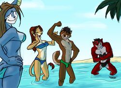 2012 amonomega amonomega_(character) anthro anubian_jackal athletic beach biceps bikini canid canine canis cherushi_(character) clothed clothing cloud day eyebrows felid feline female flexing group hybrid jackal lion male mammal muscular outside pantherine pose raised_eyebrow seaside serval skimpy sky speedo swimwear tight_clothing wolf