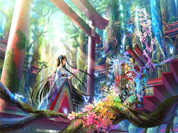 accessory amazing_background ambient_arthropod ambient_butterfly ambient_flier ambient_insect ambient_silhouette arthropod asian_clothing banner blue_glow bright butterfly clothing colorful_theme crown day detailed detailed_background digital_media_(artwork) digital_painting_(artwork) dress east_asian_clothing fantasy female flower flower_in_hair flowing_hair flying forest forest_background fujiwara glowing glowing_body glowing_silhouette green_eyes group hair hair_accessory headgear hi_res human insects iridescent japan japanese_clothing lepidopteran light long_hair mammal nature nature_background outside particles plant roots scenery shinto_shrine shrine shrine_maiden silhouette sky smile solo_focus standing sunlight tiara torii tree vines wind