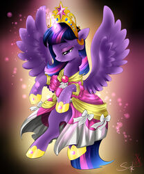 2013 5:6 absurd_res alicorn bokeh clothing crown daughter-of-fantasy digital_drawing_(artwork) digital_media_(artwork) dress equid equine eyeshadow feathered_wings feathers female feral friendship_is_magic fur glowing gold_(metal) hair hasbro headgear hi_res horn magic makeup mammal multicolored_hair my_little_pony mythological_creature mythological_equine mythology pink_eyeshadow purple_body purple_eyes purple_feathers purple_fur purple_hair solo sparkles twilight_sparkle_(mlp) two_tone_hair wings