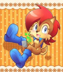 anthro archie_comics blue_eyes boots bottomless brown_body brown_fur chipmunk clothed clothing female footwear fur ground_squirrel hair handheld looking_at_viewer mammal mikuhoshi nicole_(computer) open_mouth red_hair rodent sally_acorn sciurid sega smile solo sonic_the_hedgehog_(archie) sonic_the_hedgehog_(comics) sonic_the_hedgehog_(series)