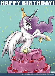 alicorn alternate_color ass cake clothing cutie_mark dessert english_text equid equine fan_character feathered_wings feathers female feral food friendship_is_magic hair hasbro hat headgear headwear horn john_joseco long_hair mammal my_little_pony mythological_creature mythological_equine mythology pink_eyes pink_hair pop_out_cake princess princess_celestia_(mlp) princess_molestia royalty smile solo text white_body white_feathers wings