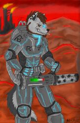 2013 ace_stryker anthro armor biped brown_eyes brown_hair canid canine canis cigarette ear_piercing facial_hair glowing gun hair hi_res holding_gun holding_object holding_ranged_weapon holding_weapon male mammal military piercing ranged_weapon scar science_fiction scouter smoke smoking soldier solo standing tron_lines warrior weapon wolf