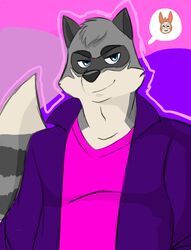 anthro biped black_nose blue_eyes clothed clothing digital_media_(artwork) duo facial_markings front_view fully_clothed genchi half-length_portrait head_markings male mammal markings mask_(marking) outline pink_clothing pink_outline pink_topwear portrait procyonid purple_outerwear raccoon restricted_palette ring_(marking) ringed_tail solo_focus speech_bubble striped_markings striped_tail stripes tail tail_markings topwear v-neck