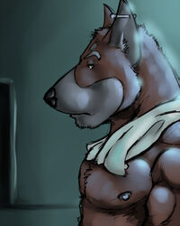 4:5 amwulf anthro biceps biped blue_eyes brown_body brown_fur canid canine canis chest_tuft clothed clothing domestic_dog ear_piercing fur looking_at_viewer male mammal muscular muscular_anthro muscular_male nipples nude pecs piercing pose solo standing topless towel towel_around_neck tuft