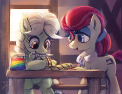 2013 braided_hair chair container cutie_mark daughter_(lore) duo earth_pony equid equine female feral food friendship_is_magic furniture granny_smith_(mlp) hair hasbro horse jar jelly_(food) mammal mother_(lore) mother_and_child_(lore) mother_and_daughter_(lore) my_little_pony parent_(lore) parent_and_child_(lore) parent_and_daughter_(lore) pony raikoh-illust red_hair sewing sitting table white_hair zap_apple_jam