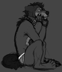 anthro briefs canid canine canis clothed clothing collar cubi cubi_(characters) cubi_(wolf) facial_piercing male mammal monochrome mythological_canine mythological_creature mythology nose_piercing nose_ring piercing ring_piercing septum_piercing solo topless underwear were werecanid werecanine werewolf wolf