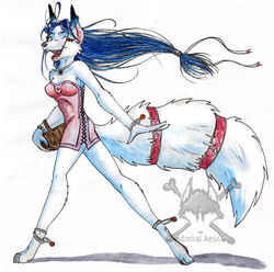 accessory amiral_aesir anklet anthro basket big_tail blue_hair bracelet canid canine clothing container fangs female fluffy fluffy_tail form_fitting furgonomics hair happy jewelry long_hair mammal necklace open_mouth red_eyes ring solo tail tail_accessory tail_jewelry tail_ring teeth topwear tube_top