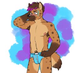 anthro armpit_hair black_nose blue_clothing blue_underwear blush body_hair briefs clothed clothing fur genchi hyena jarlarild kelkko male mammal nipples solo spotted_hyena topless underwear underwear_only