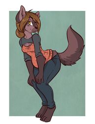 anthro belly black_nose brown_body brown_fur brown_hair clothing digitigrade female fur gulonine hair hizzie love_handles mammal marten mustelid musteline one_eye_closed slender_body slightly_chubby slightly_chubby_female slim solo wink yellow_eyes