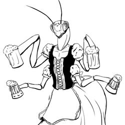 1:1 4_arms alcohol anthro apron arthropod barmaid beer beverage bodice clothing compound_eyes dirndl dungeons_and_dragons female flat_chested hasbro insects lacing mandibles mantis monochrome multi_arm multi_limb pseudo_pupils queblock solo thri-kreen wizards_of_the_coast