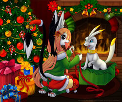 anthro bell christmas clothing colorful_theme detailed_background duo female feral holidays legwear luna777 mammal moondog ribbons taratsu_(character) thigh_highs unknown_species