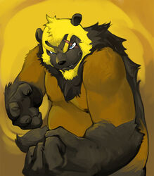 anthro belly biceps big_muscles blue_eyes claws fur grin gulonine kuzuri looking_at_viewer male mammal musclegut muscular muscular_anthro muscular_male mustelid musteline nipples scar simple_background slightly_chubby smile solo vu06 wolverine yellow_body yellow_fur