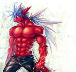 2013 abs anthro athletic biceps big_muscles biped blue_eyes blue_hair bottomwear clothed clothing dragon grey_hair hair kuron looking_at_viewer magic male muscular muscular_anthro muscular_male mythological_creature mythological_scalie mythology pants pecs ponytail pose red_body red_skin satire_(character) satyre scalie smile solo standing topless