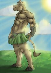 abs amwulf anthro armor athletic biceps big_muscles biped bovid bovine bracers brogan_(zigzagziggy) cattle clothed clothing cloud hair hi_res hooves kilt looking_at_viewer male mammal muscular muscular_anthro muscular_male nipples outside pecs sky solo sporran standing topless