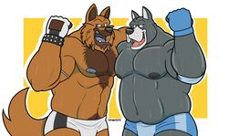 2012 abs anthro biceps big_muscles bodily_fluids bottomwear canid canine canis chest_tuft clothed clothing domestic_dog duo fur gloves great_dane handwear hound_(character) houndgrey male mammal mastiff molosser muscular muscular_male nipples oso pecs pose pro shorts sweat teeth topless tuft wrestler