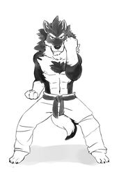 abs anthro biceps canid canine canis chest_tuft claws clothed clothing countershading fist fur genchi greyscale karate looking_at_viewer male mammal monochrome muscular muscular_anthro muscular_male nipples orion_(aluminemsiren) pecs simple_background solo topless tuft white_background wolf