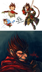 ape armor brown_body brown_fur brown_hair clenched_teeth fur grin hair haplorhine hi_res journey_to_the_west kuron league_of_legends looking_at_viewer male mammal monkey primate red_eyes riot_games shocked smile solo sun_wukong teeth tencent wukong_(lol)