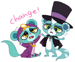 ambiguous_gender blue_body bodily_fluids cape clothing duo feral green_eyes hasbro hat headgear headwear herpestid jewelry littlest_pet_shop littlest_pet_shop_(2012) magician_hat male mammal masssssan mongoose purple_clothing shahrukh simple_background sunil_nevla sweat top_hat white_background yellow_eyes