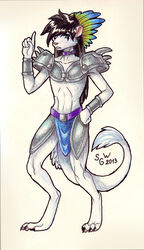 anthro armor bottomwear clothed clothing collar dianasilverwolf dominant feathers femboy loincloth male mammal mustelid musteline nude partially_clothed richter solo spikes stoat true_musteline weasel