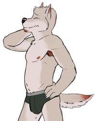 anthro armpit_hair black_clothing black_nose black_underwear body_hair briefs canid canine canis closed_eyes clothed clothing genchi male mammal pubes simple_background solo topless underwear underwear_only wolf