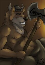 amwulf anthro armor athletic axe bed_sheet bedding biceps brown_body brown_fur canid canine canis clothed clothing fur headgear helmet hi_res holding_object holding_weapon looking_at_viewer male mammal melee_weapon muscular muscular_anthro nipples nude pecs solo topless weapon wolf