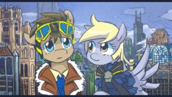 animated blonde_hair blue_eyes brown_body brown_fur brown_hair city derpy_hooves doctor_whooves_(mlp) duo earth_pony equid equine feathered_wings feathers female feral friendship_is_magic fur grey_body grey_feathers grey_fur hair hasbro horse low_res male mammal my_little_pony mythological_creature mythological_equine mythology necktie outside pegasus pony saturnspace short_playtime wings yellow_eyes