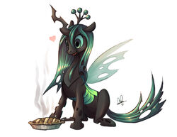 2013 arthropod changeling dessert fangs female feral food friendship_is_magic green_eyes hasbro heart_symbol hole_(anatomy) horn insect_wings lanmana my_little_pony pastry pie queen_chrysalis_(mlp) simple_background solo steam teeth white_background wings