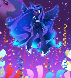 alicorn anthro anthrofied blue_body blue_eyes blue_hair blush chinpui clothing confetti confetti_streamer equid equine feathered_wings feathers female friendship_is_magic gradient_background group hair hasbro hi_res horn mammal my_little_pony mythological_creature mythological_equine mythology princess princess_celestia_(mlp) princess_luna_(mlp) purple_background royalty simple_background swimwear wings