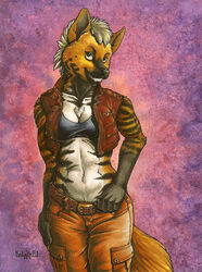 2012 5_fingers african_wild_dog anthro belt black_body black_fur bottomwear breasts canid canine cargo_pants chest_tuft cleavage clothed clothing female fingers fur gloves_(marking) grin hair kalahari looking_at_viewer mammal marker_(artwork) markings midriff mixed_media navel neck_muscles orange_body orange_fur painting_(artwork) pants portrait short_hair smile solo stripes three-quarter_portrait topwear traditional_media_(artwork) tuft vest watercolor_(artwork) white_body white_fur