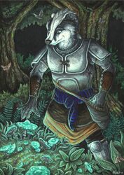 anthro armor badger clothed clothing detailed_background forest fungus kirsch male mammal mushroom mustelid musteline nature outside plant solo tree