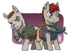 2012 alternate_species arrow_(weapon) blade blue_eyes brother_(lore) brothers_(lore) brown_hair clothing crossbow crossover daryl_dixon duo equid equine feral hair hasbro horse lordmesa low_res male mammal merle_dixon my_little_pony ponification pony quiver_(object) ranged_weapon red_hair shirt sibling_(lore) simple_background the_walking_dead topwear vest weapon white_background