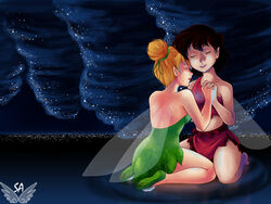  2girls bare_shoulders black_hair blonde_hair color crysta disney disney_fairies fairy fairy_wings female female_only ferngully hand_holding jpeg kneeling multiple_females peter_pan_(disney) short_hair strapless tinker_bell wings yuri 