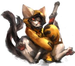 anthro arc_system_works asian_mythology beastkin blazblue cat_tail east_asian_mythology felid hood japanese_mythology jeacn jubei_(blazblue) male mammal multi_tail mythology pawpads paws red_eyes sheathed_sword simple_background snow solo tail weapon whiskers white_background yokai