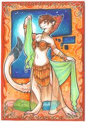 anthro arabian armor bracers breasts clothed clothing collar feathers female gem grostenmeiers hi_res mammal mixed_media mustelid musteline partially_clothed silvex solo stoat suane_(suane_lightfurr) traditional_media_(artwork) true_musteline weasel